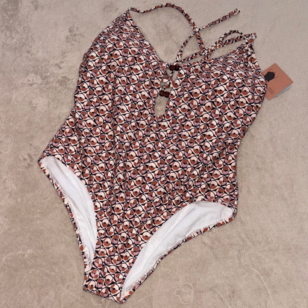 Shade & Shore Pink and Brown Geometric One Piece Swimsuit